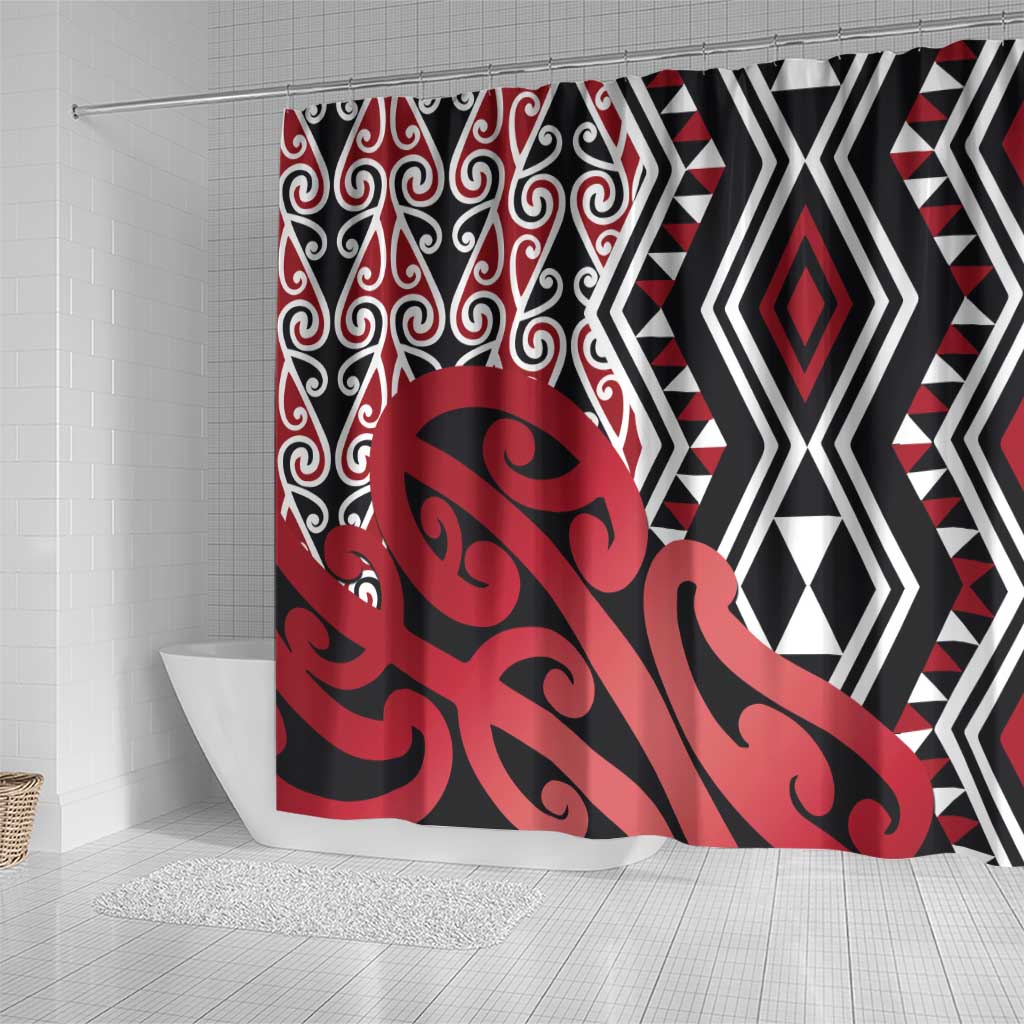 New Zealand Shower Curtain Aotearoa Kowhaiwhai Mix Taniko Art - Red