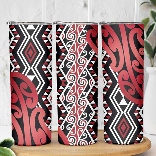 New Zealand Skinny Tumbler Aotearoa Kowhaiwhai Mix Taniko Art - Red