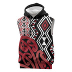 New Zealand Sleeveless Hoodie Aotearoa Kowhaiwhai Mix Taniko Art - Red - Aussie Hoodie