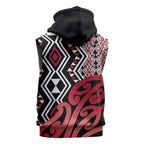New Zealand Sleeveless Hoodie Aotearoa Kowhaiwhai Mix Taniko Art - Red - Aussie Hoodie
