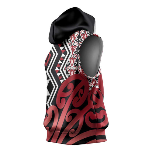 New Zealand Sleeveless Hoodie Aotearoa Kowhaiwhai Mix Taniko Art - Red - Aussie Hoodie
