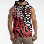 New Zealand Sleeveless Hoodie Aotearoa Kowhaiwhai Mix Taniko Art - Red - Aussie Hoodie