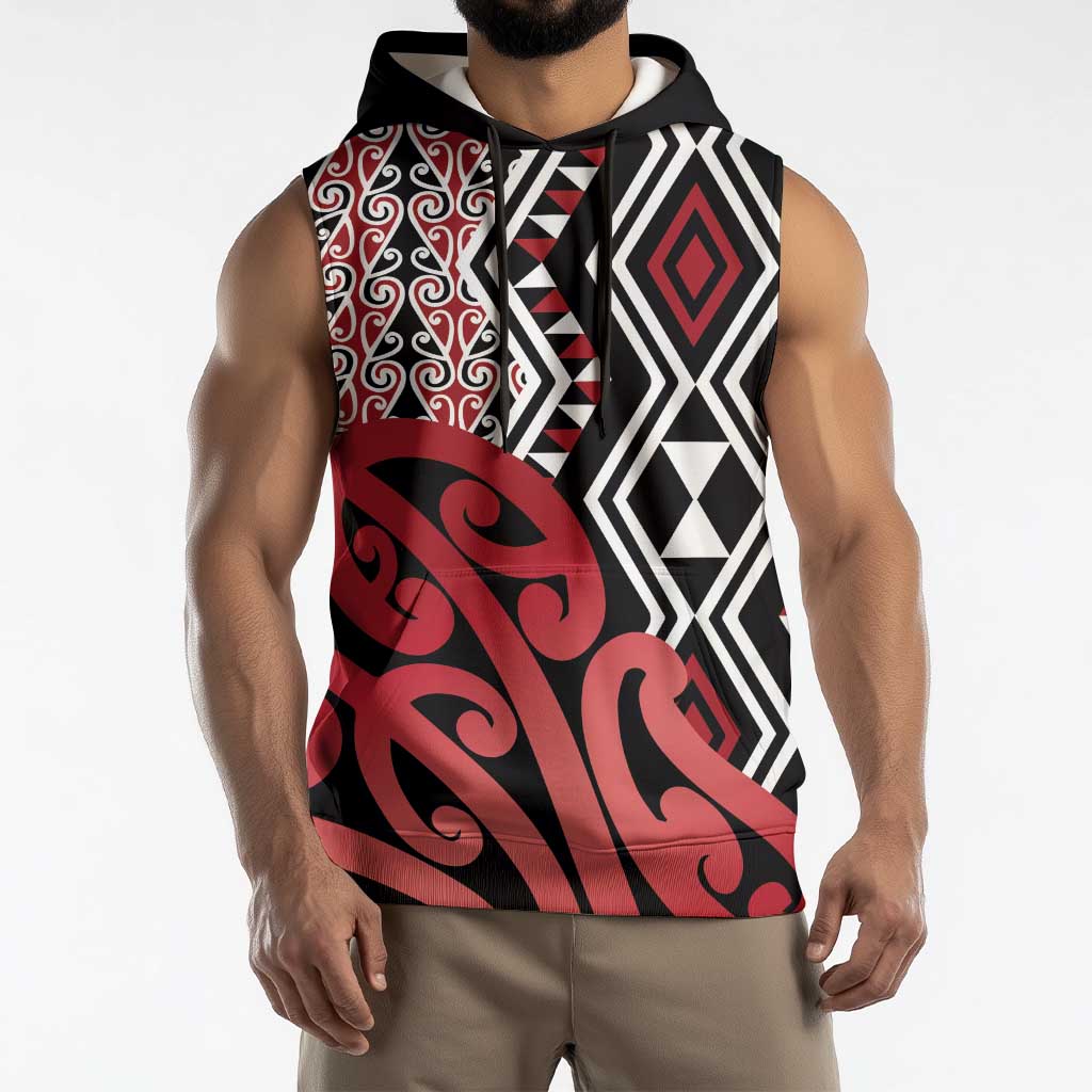 New Zealand Sleeveless Hoodie Aotearoa Kowhaiwhai Mix Taniko Art - Red - Aussie Hoodie
