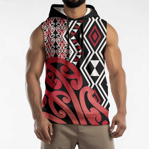 New Zealand Sleeveless Hoodie Aotearoa Kowhaiwhai Mix Taniko Art - Red - Aussie Hoodie