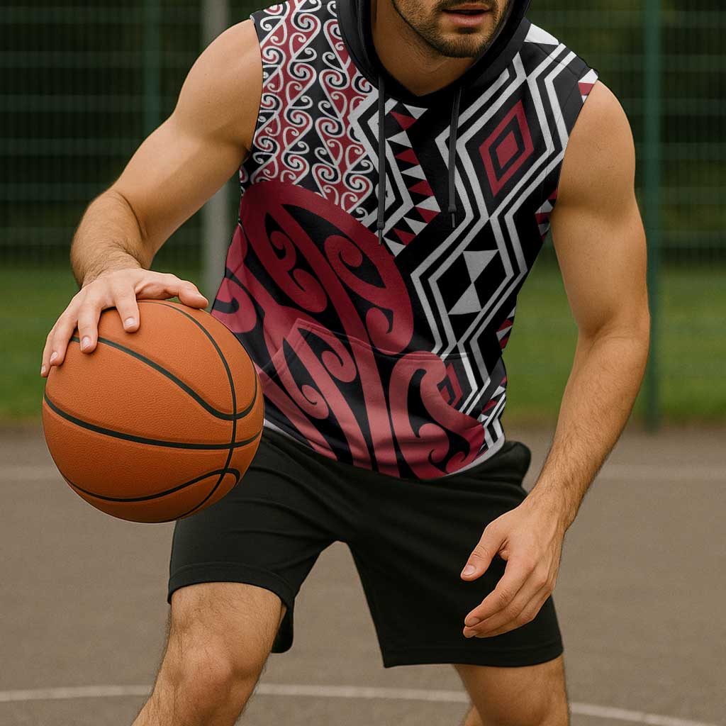New Zealand Sleeveless Hoodie Aotearoa Kowhaiwhai Mix Taniko Art - Red - Aussie Hoodie