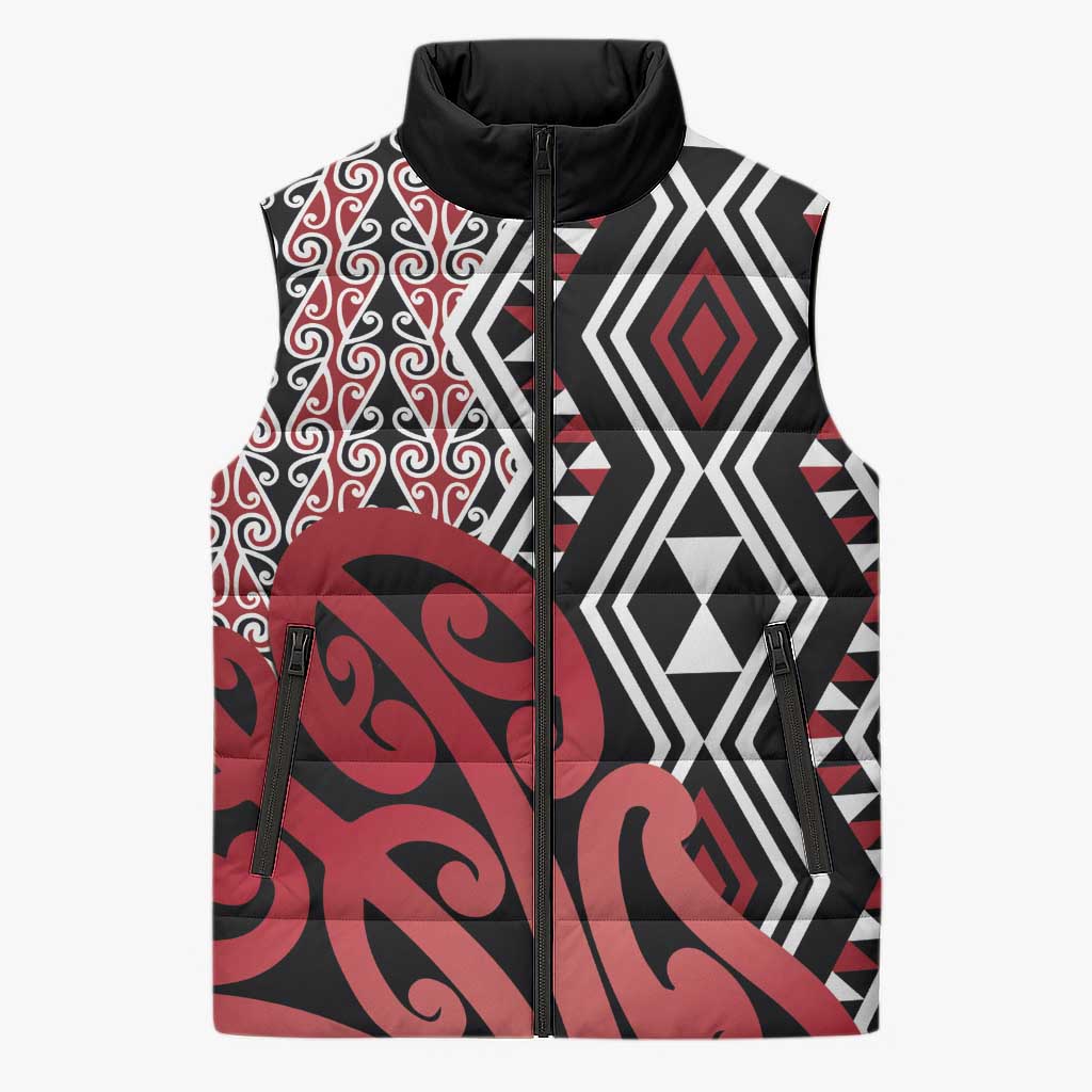 New Zealand Sleeveless Puffer Jacket Aotearoa Kowhaiwhai Mix Taniko Art - Red - Aussie Hoodie