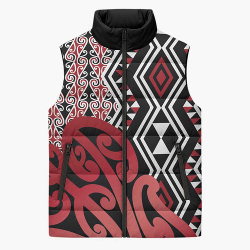 New Zealand Sleeveless Puffer Jacket Aotearoa Kowhaiwhai Mix Taniko Art - Red - Aussie Hoodie