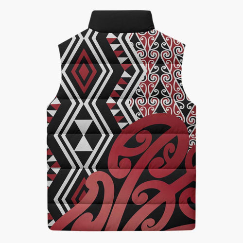 New Zealand Sleeveless Puffer Jacket Aotearoa Kowhaiwhai Mix Taniko Art - Red - Aussie Hoodie