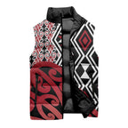New Zealand Sleeveless Puffer Jacket Aotearoa Kowhaiwhai Mix Taniko Art - Red - Aussie Hoodie