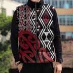 New Zealand Sleeveless Puffer Jacket Aotearoa Kowhaiwhai Mix Taniko Art - Red - Aussie Hoodie