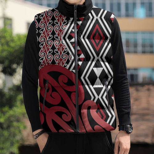 New Zealand Sleeveless Puffer Jacket Aotearoa Kowhaiwhai Mix Taniko Art - Red - Aussie Hoodie