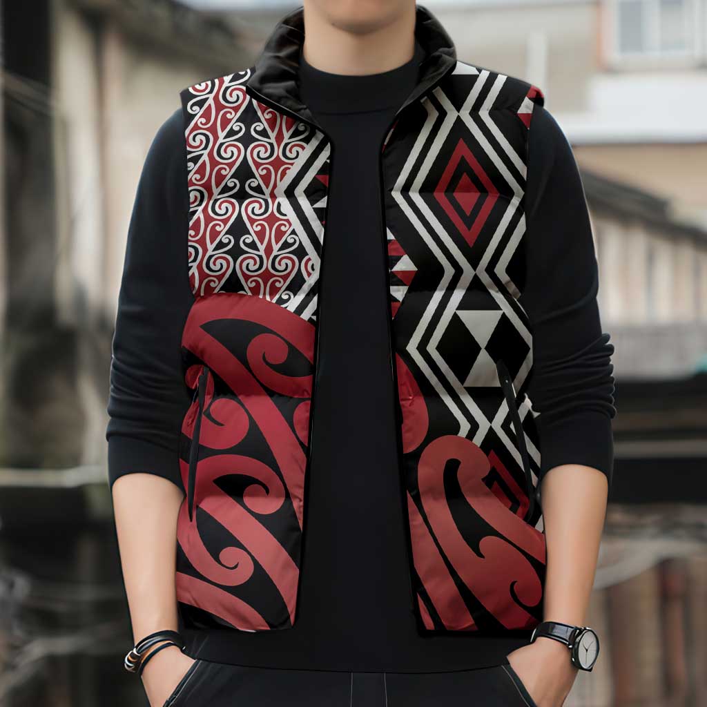 New Zealand Sleeveless Puffer Jacket Aotearoa Kowhaiwhai Mix Taniko Art - Red - Aussie Hoodie