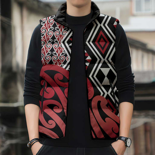 New Zealand Sleeveless Puffer Jacket Aotearoa Kowhaiwhai Mix Taniko Art - Red - Aussie Hoodie