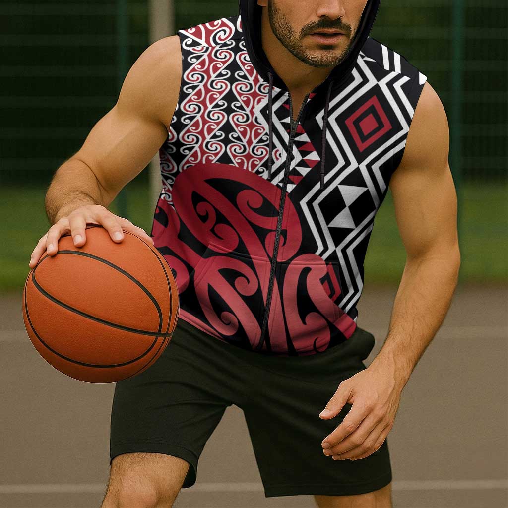 New Zealand Sleeveless Zip Hoodie Aotearoa Kowhaiwhai Mix Taniko Art - Red LT14