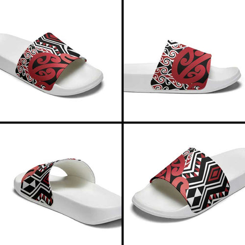 New Zealand Slide Sandals Aotearoa Kowhaiwhai Mix Taniko Art - Red - Aussie Hoodie