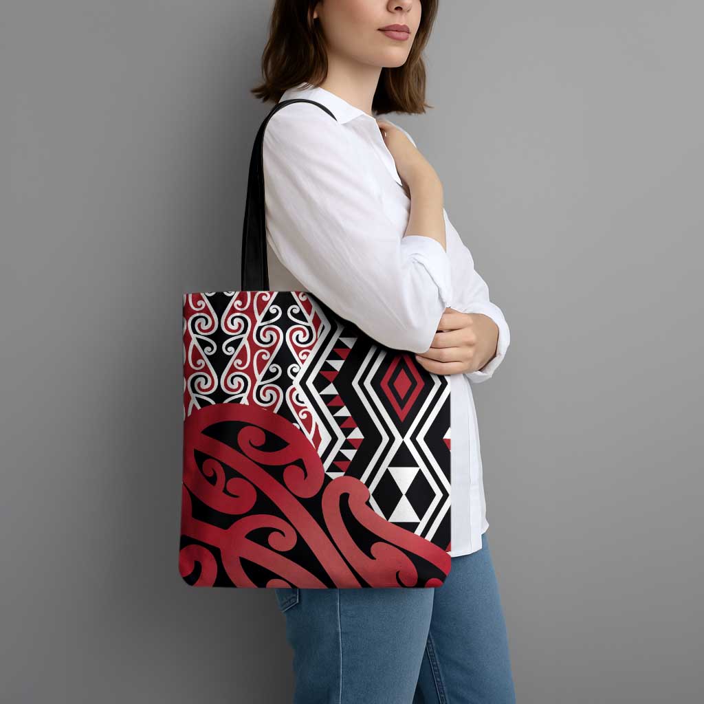 New Zealand Tote Bag Aotearoa Kowhaiwhai Mix Taniko Art - Red - Aussie Hoodie
