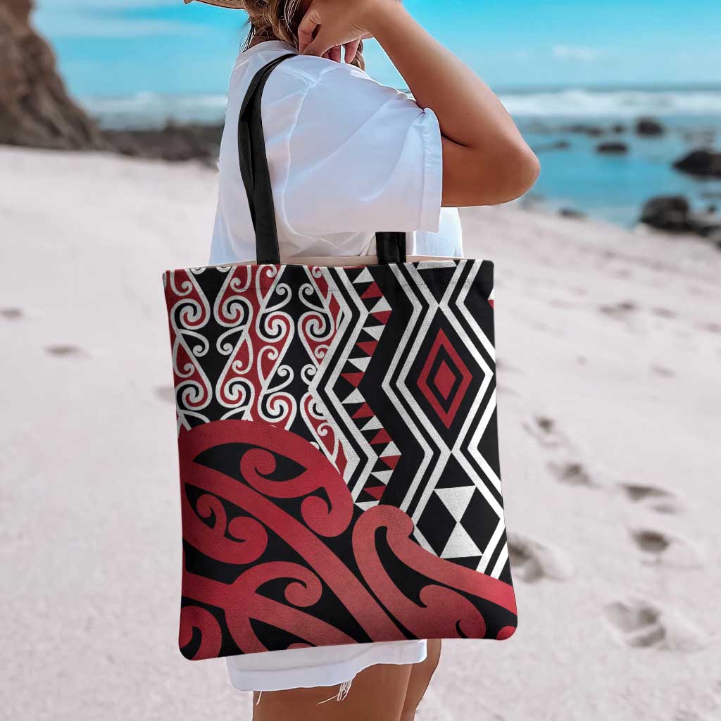 New Zealand Tote Bag Aotearoa Kowhaiwhai Mix Taniko Art - Red - Aussie Hoodie