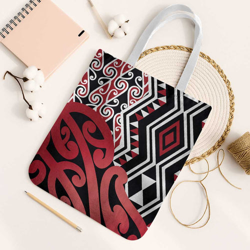 New Zealand Tote Bag Aotearoa Kowhaiwhai Mix Taniko Art - Red - Aussie Hoodie