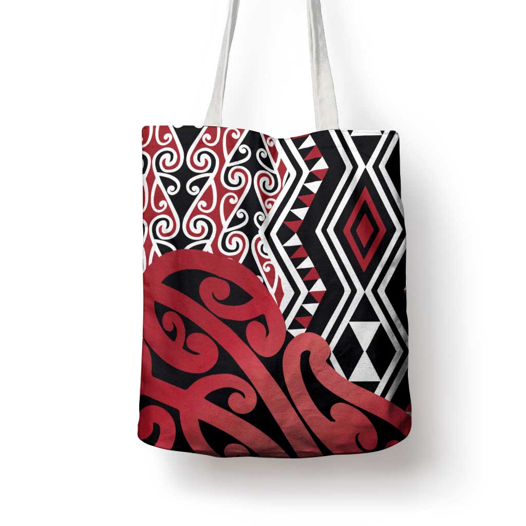 New Zealand Tote Bag Aotearoa Kowhaiwhai Mix Taniko Art - Red - Aussie Hoodie