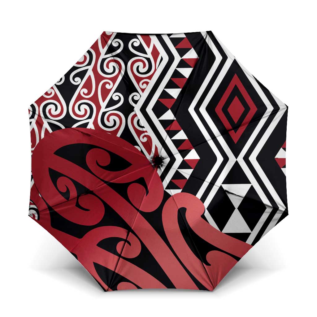 New Zealand Umbrella Aotearoa Kowhaiwhai Mix Taniko Art - Red - Aussie Hoodie