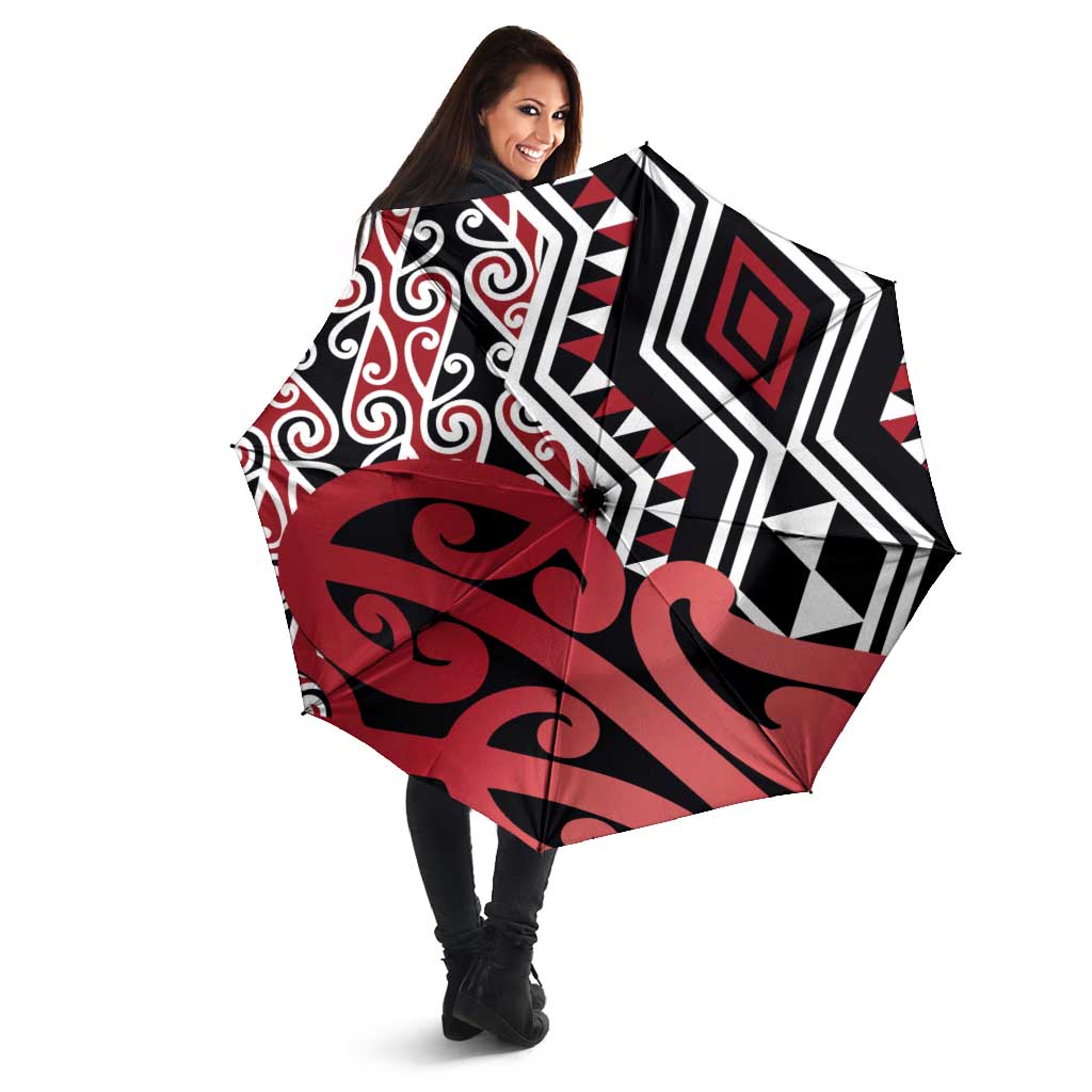 New Zealand Umbrella Aotearoa Kowhaiwhai Mix Taniko Art - Red - Aussie Hoodie