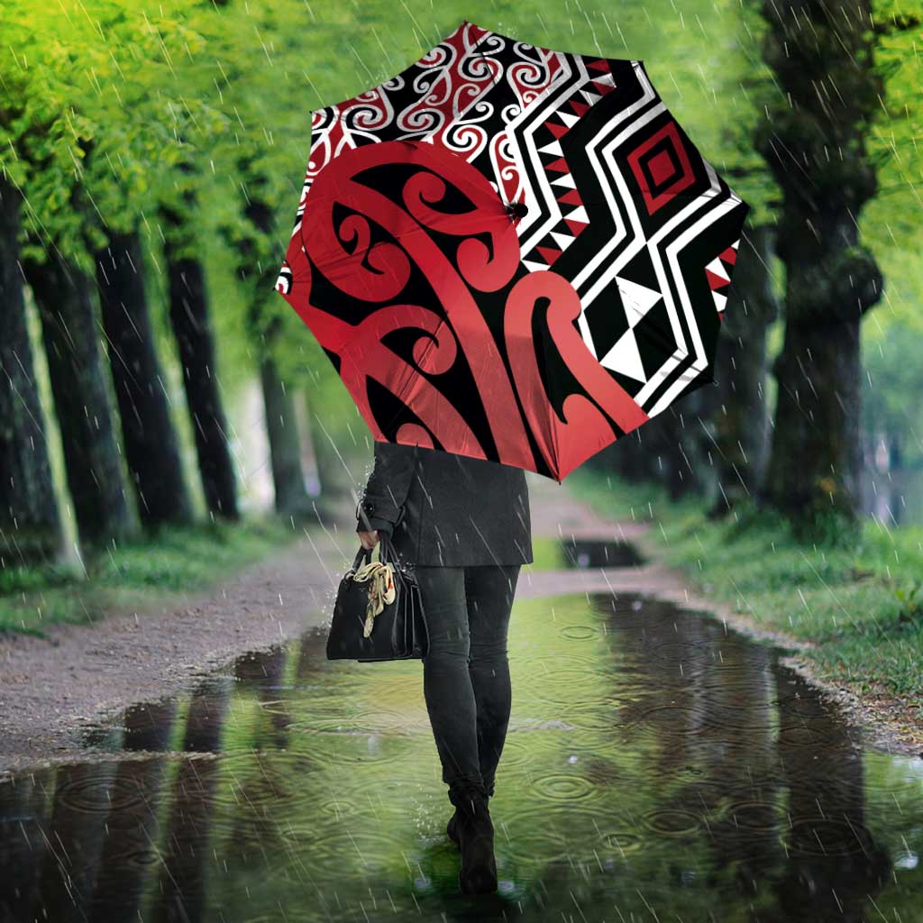New Zealand Umbrella Aotearoa Kowhaiwhai Mix Taniko Art - Red - Aussie Hoodie