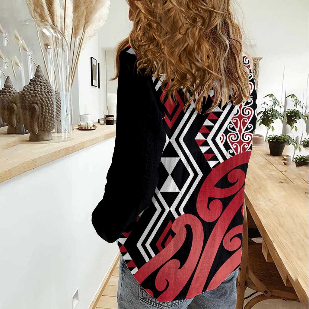 New Zealand Women Casual Shirt Aotearoa Kowhaiwhai Mix Taniko Art - Red