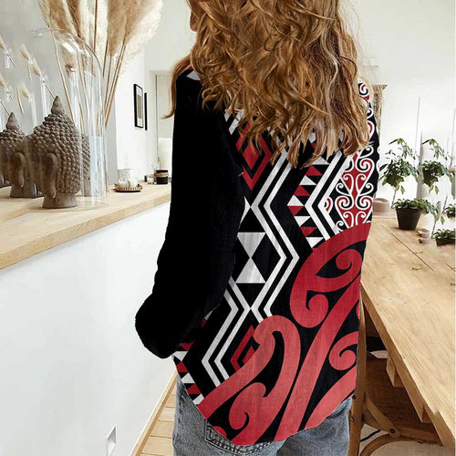 New Zealand Women Casual Shirt Aotearoa Kowhaiwhai Mix Taniko Art - Red