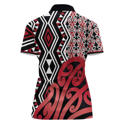 New Zealand Women Polo Shirt Aotearoa Kowhaiwhai Mix Taniko Art - Red