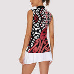 New Zealand Women Sleeveless Polo Shirt Aotearoa Kowhaiwhai Mix Taniko Art - Red