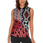 New Zealand Women Sleeveless Polo Shirt Aotearoa Kowhaiwhai Mix Taniko Art - Red