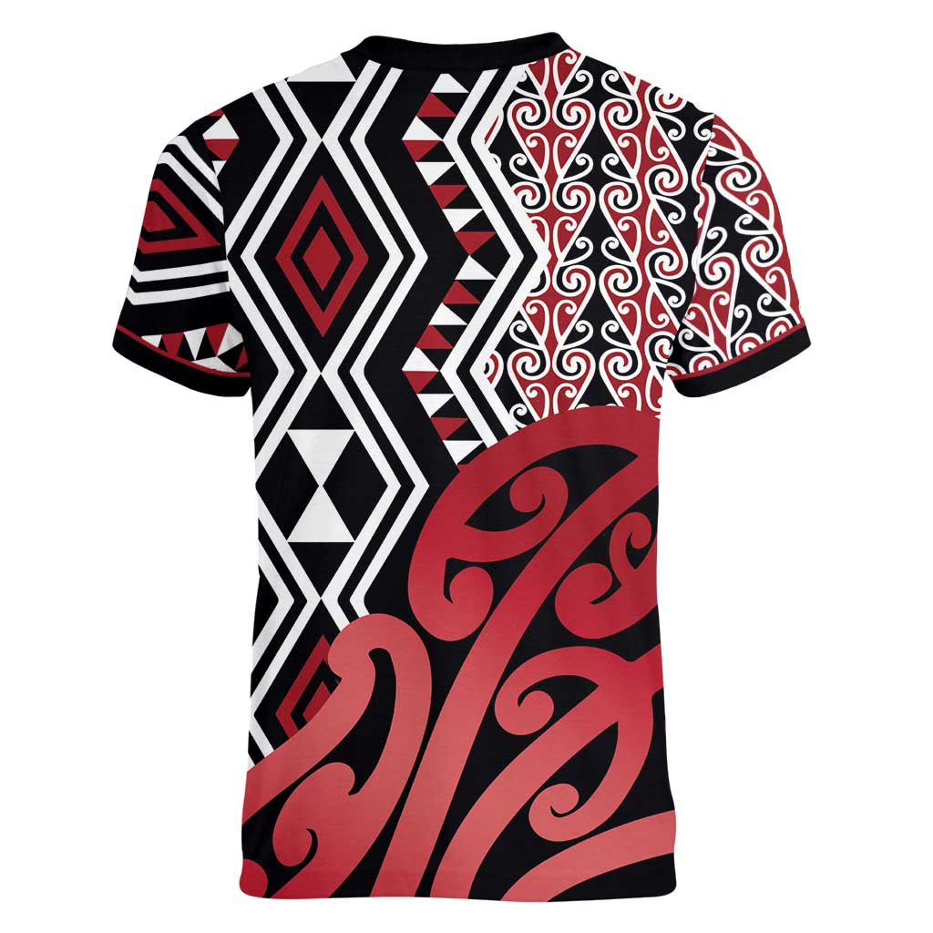 New Zealand Women V-Neck T-Shirt Aotearoa Kowhaiwhai Mix Taniko Art - Red