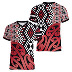 New Zealand Women V-Neck T-Shirt Aotearoa Kowhaiwhai Mix Taniko Art - Red