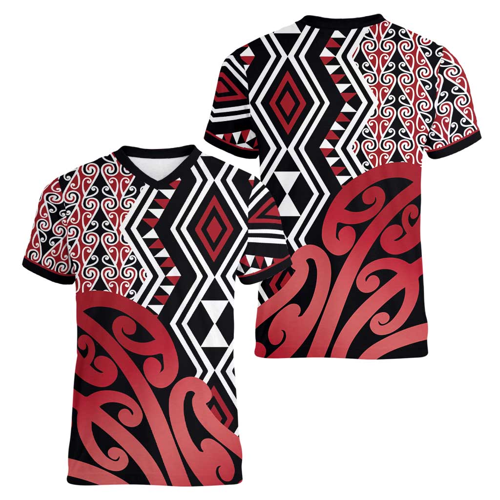 New Zealand Women V-Neck T-Shirt Aotearoa Kowhaiwhai Mix Taniko Art - Red