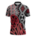New Zealand Zipper Polo Shirt Aotearoa Kowhaiwhai Mix Taniko Art - Red - Aussie Hoodie