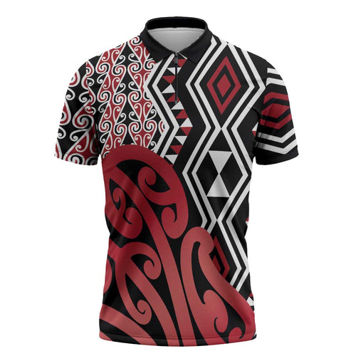 New Zealand Zipper Polo Shirt Aotearoa Kowhaiwhai Mix Taniko Art - Red - Aussie Hoodie