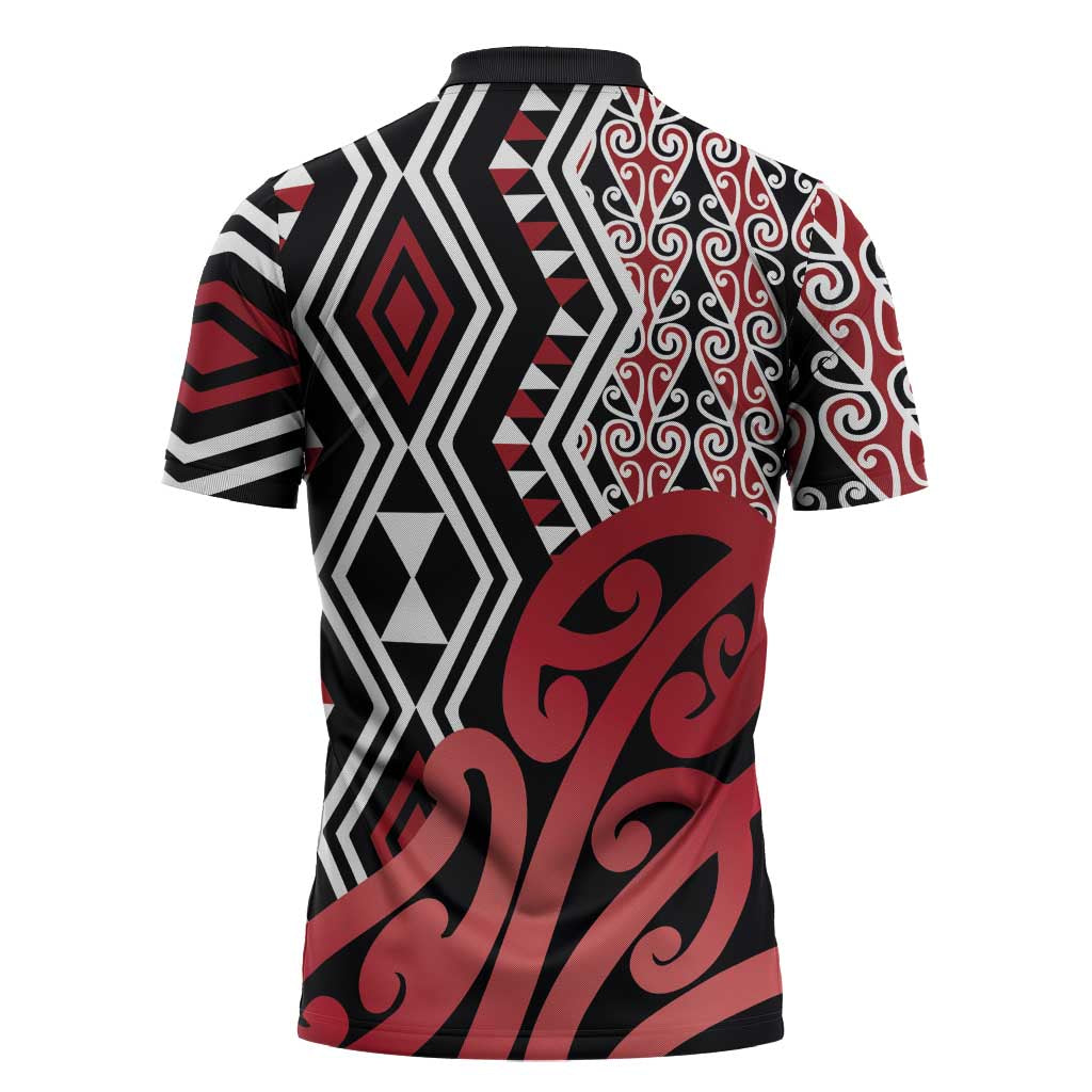 New Zealand Zipper Polo Shirt Aotearoa Kowhaiwhai Mix Taniko Art - Red - Aussie Hoodie
