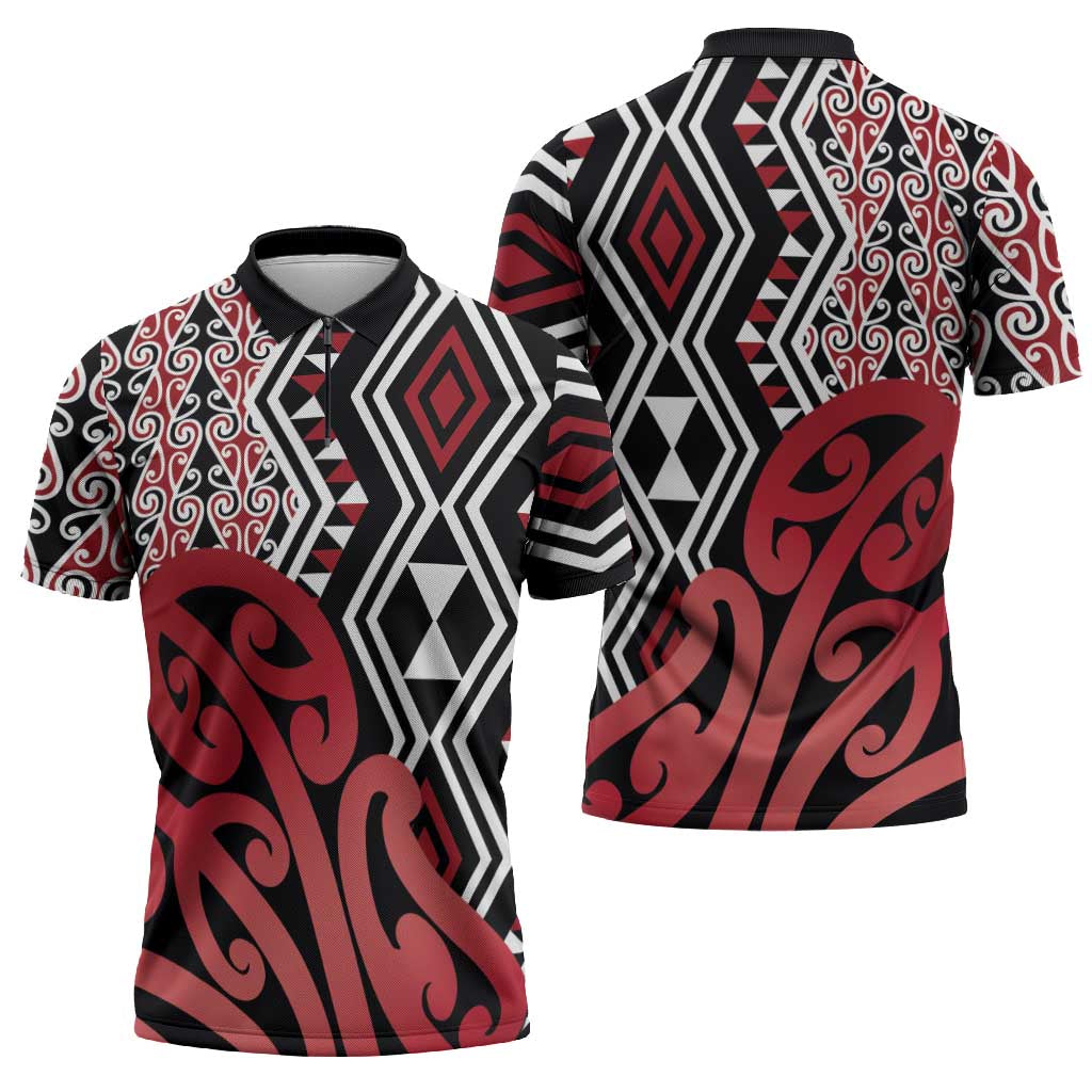 New Zealand Zipper Polo Shirt Aotearoa Kowhaiwhai Mix Taniko Art - Red - Aussie Hoodie