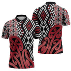 New Zealand Zipper Polo Shirt Aotearoa Kowhaiwhai Mix Taniko Art - Red - Aussie Hoodie