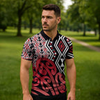 New Zealand Zipper Polo Shirt Aotearoa Kowhaiwhai Mix Taniko Art - Red - Aussie Hoodie