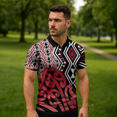 New Zealand Zipper Polo Shirt Aotearoa Kowhaiwhai Mix Taniko Art - Red - Aussie Hoodie