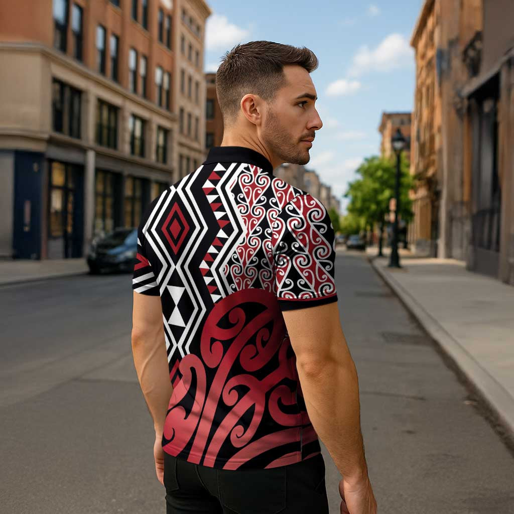 New Zealand Zipper Polo Shirt Aotearoa Kowhaiwhai Mix Taniko Art - Red - Aussie Hoodie