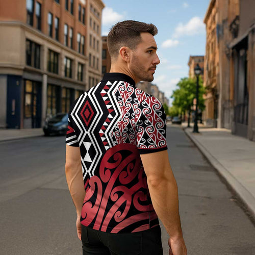 New Zealand Zipper Polo Shirt Aotearoa Kowhaiwhai Mix Taniko Art - Red - Aussie Hoodie