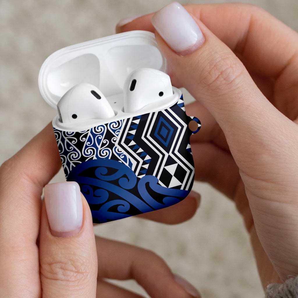 New Zealand AirPods Case Aotearoa Kowhaiwhai Mix Taniko Art - Blue - Aussie Hoodie