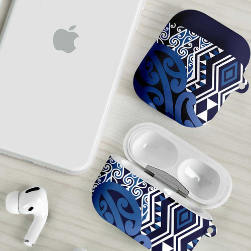 New Zealand AirPods Case Aotearoa Kowhaiwhai Mix Taniko Art - Blue - Aussie Hoodie