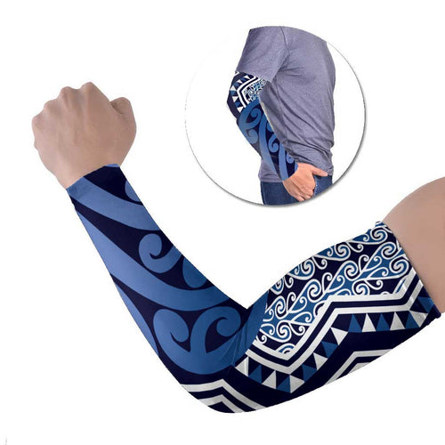 New Zealand Arm Sleeves Aotearoa Kowhaiwhai Mix Taniko Art - Blue - Aussie Hoodie