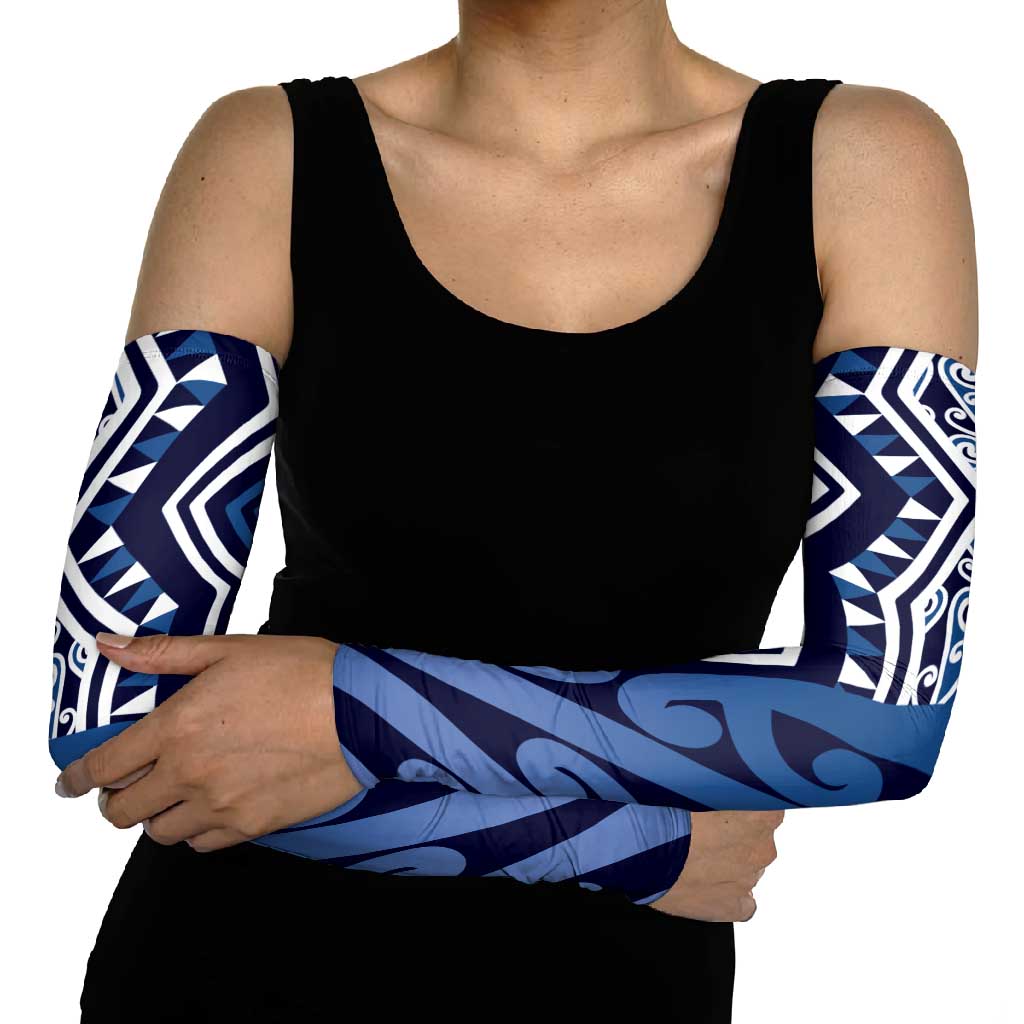 New Zealand Arm Sleeves Aotearoa Kowhaiwhai Mix Taniko Art - Blue - Aussie Hoodie