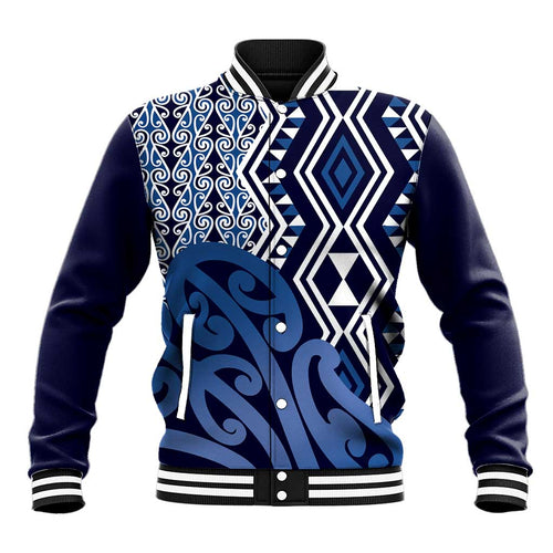 New Zealand Baseball Jacket Aotearoa Kowhaiwhai Mix Taniko Art - Blue