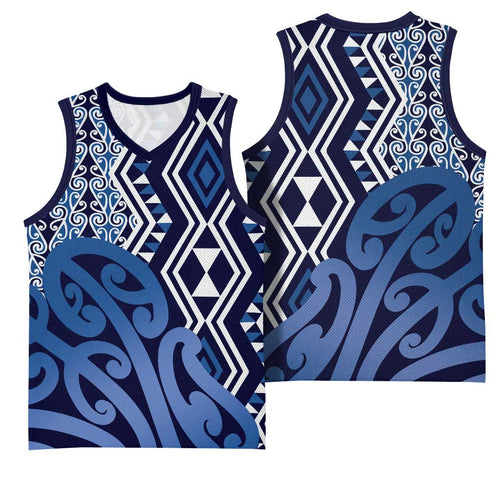 New Zealand Basketball Jersey Aotearoa Kowhaiwhai Mix Taniko Art - Blue - Aussie Hoodie