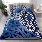 New Zealand Bedding Set Aotearoa Kowhaiwhai Mix Taniko Art - Blue